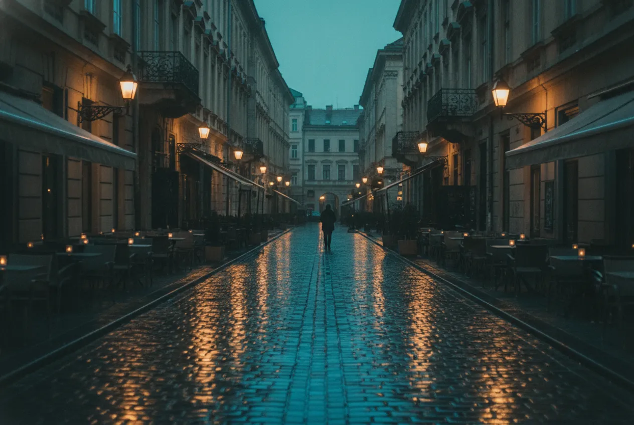 Bucharest Old Town after rain: wet cobblestones reflecting the lanterns and candlelit terraces.