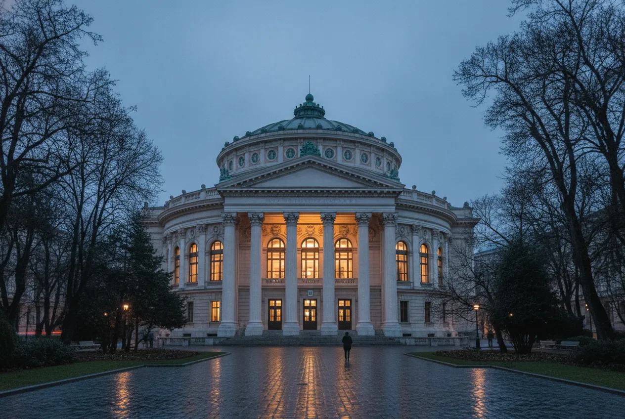 The Romanian Athenaeum on Calea Victoriei at blue hour.
