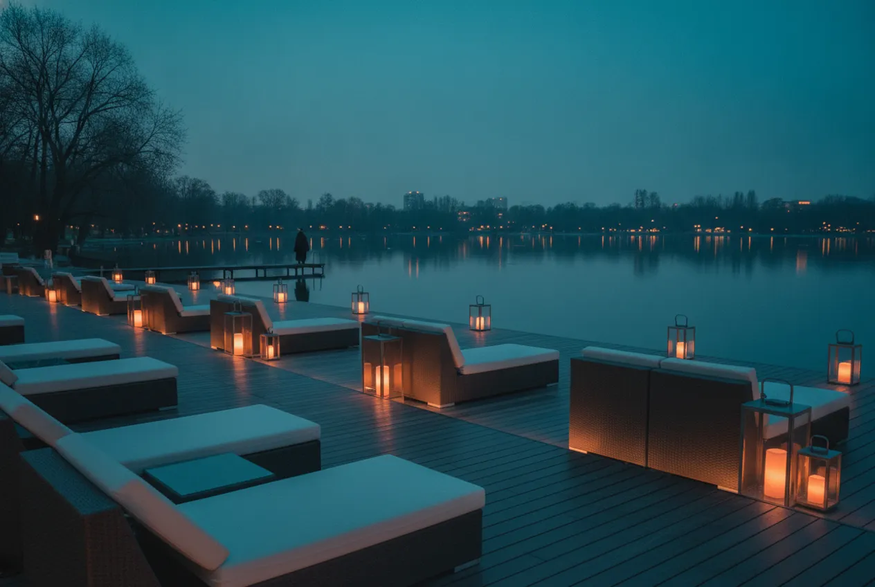 A lakeside terrace in Herăstrău Park at dusk, lanterns reflected in the water.