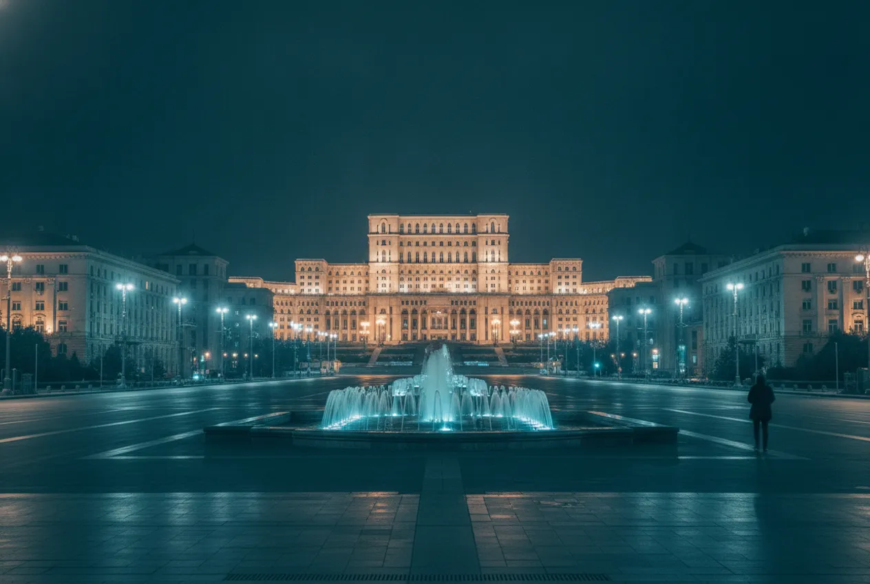 Piața Unirii at night, fountains lit and the Palace of the Parliament at the end of the boulevard.