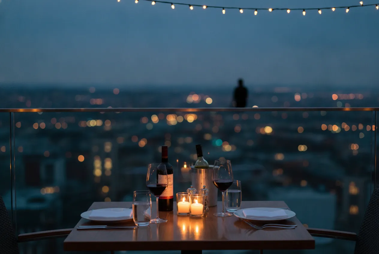 A late dinner for two on a terrace, candles and city lights.
