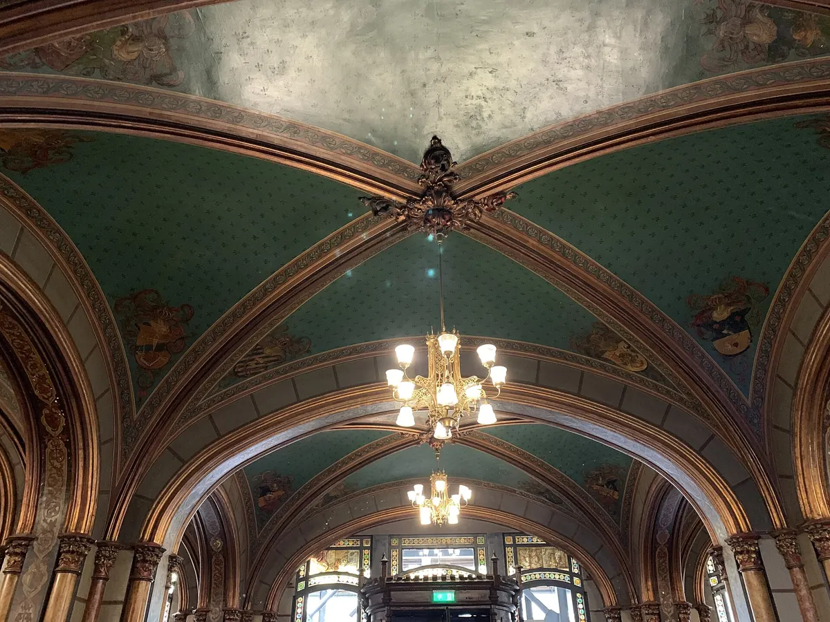 The painted ceiling of Caru’ cu Bere, the beer hall on Strada Stavropoleos